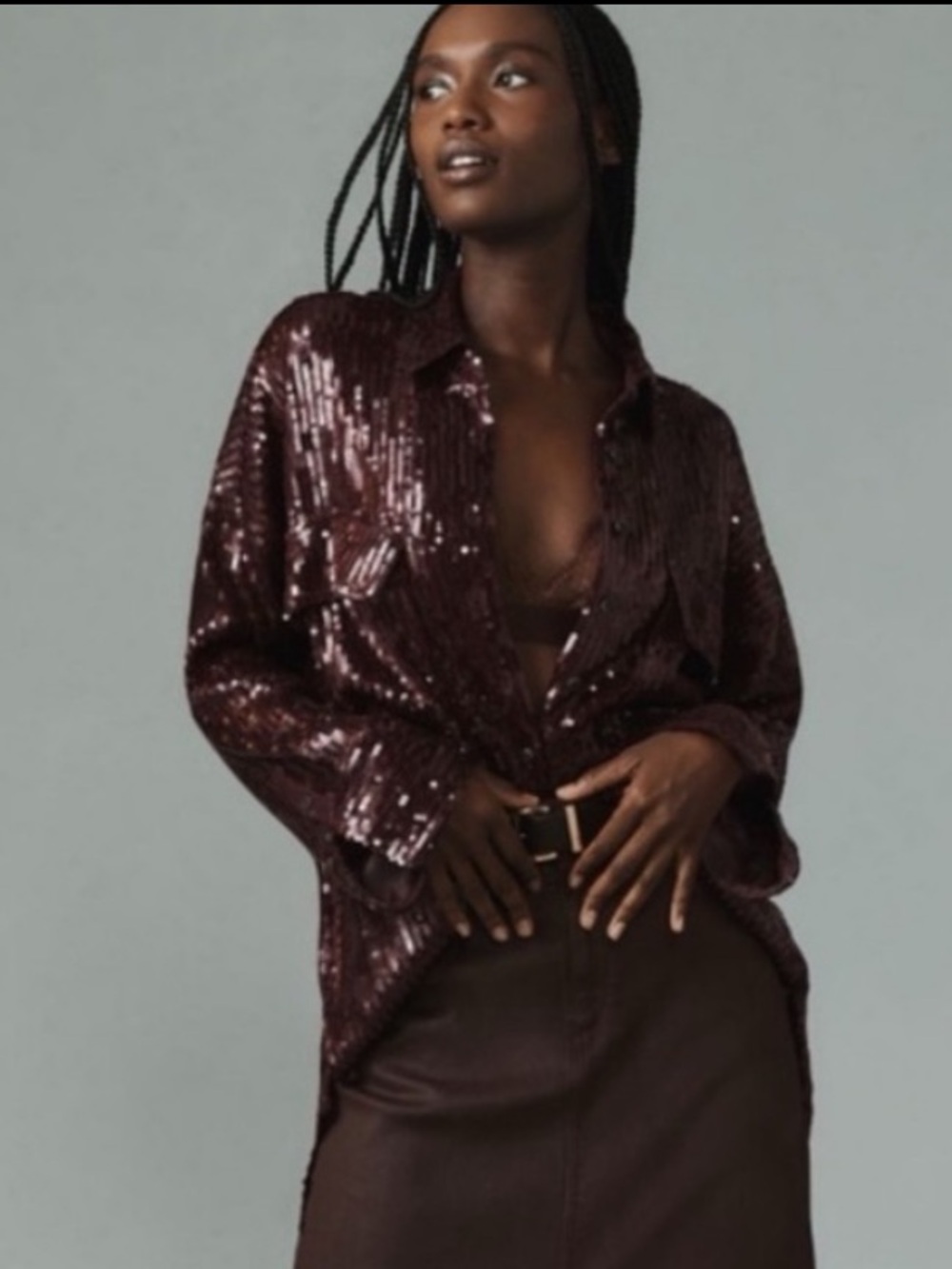 NWT Anthropologie Pilcro Oversized Sequin Buttondown Shirt in Plum, S